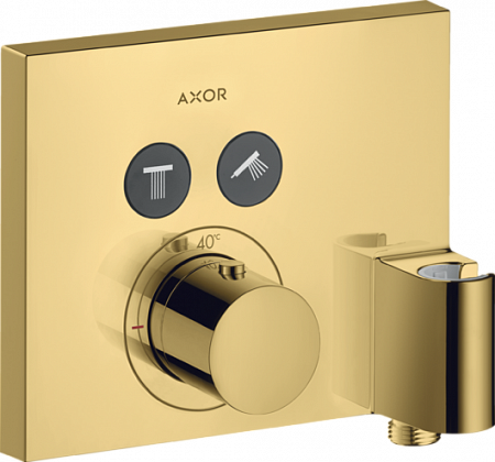 Термостат AXOR ShowerSelect для 2 потребителей, скрытого монтажа, квадратный, со шланговым подключением и держателем душа, полированное золото